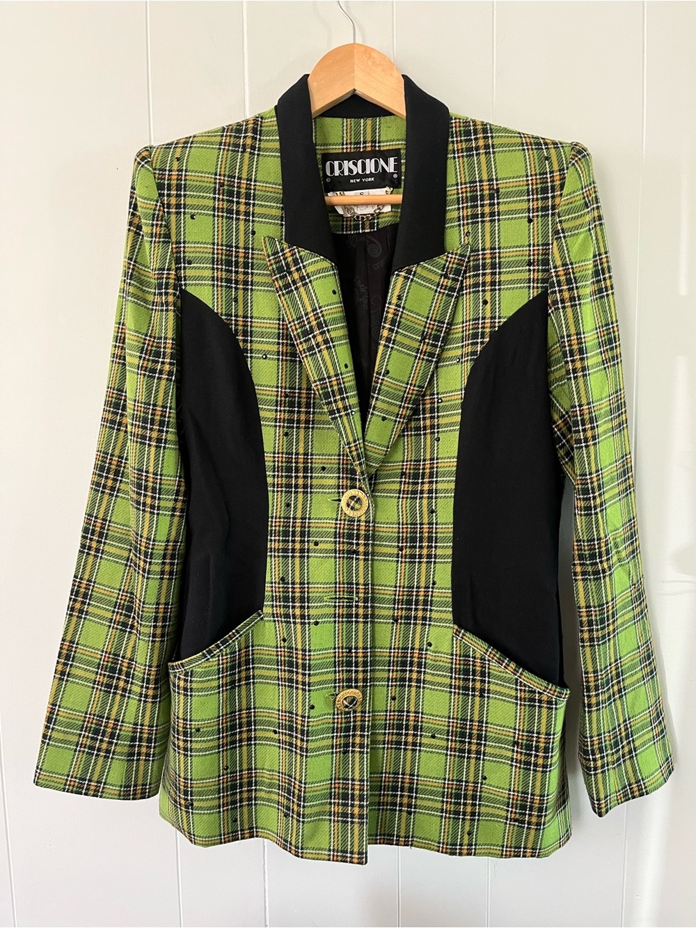 Vintage Cache Criscione Green Blazer Jacket Plaid Clueless 80s Shoulder Pads
